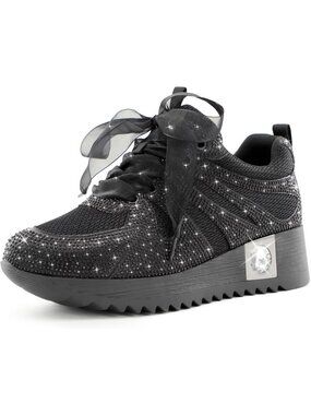 Women's Black With Mesh Glitter Sparkly Rhinestone High Top Trendy Sneakers